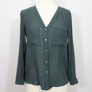 H&M Button Up Top Dark Green Chiffon Long Sleeve